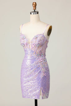 Sparkly Lilac Corset Tight Short Homecoming Dress with Sequins
