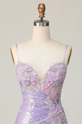 Sparkly Lilac Corset Tight Short Homecoming Dress with Sequins