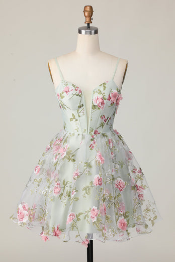 Sage Flower Spaghetti Straps Corset Short Homecoming Dress
