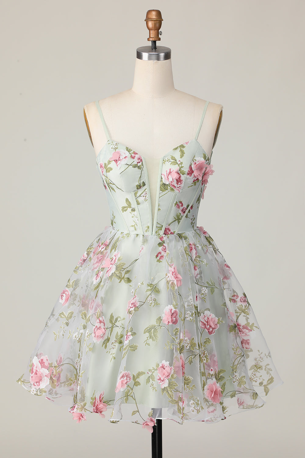 Sage Flower Spaghetti Straps Corset Short Homecoming Dress