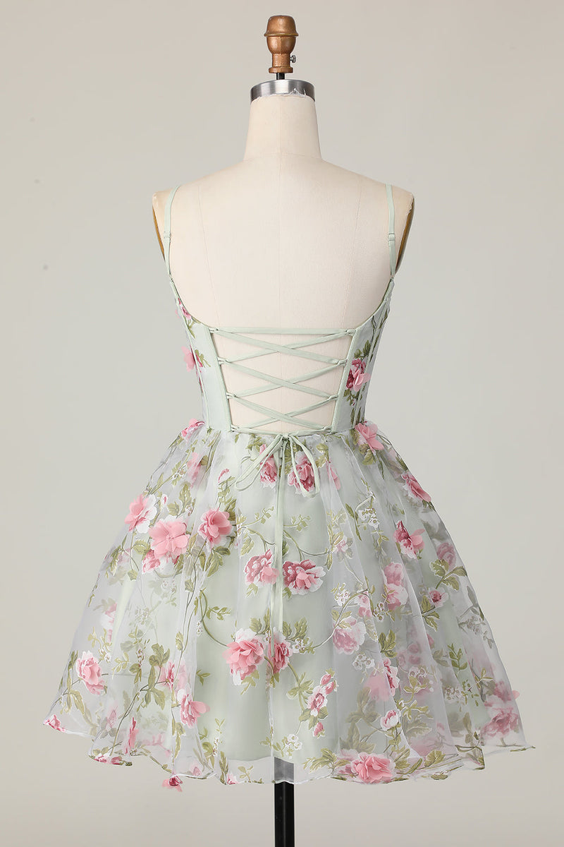 Load image into Gallery viewer, Sage Flower Spaghetti Straps Corset Short Homecoming Dress
