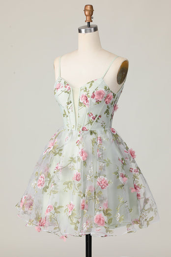 Sage Flower Spaghetti Straps Corset Short Homecoming Dress