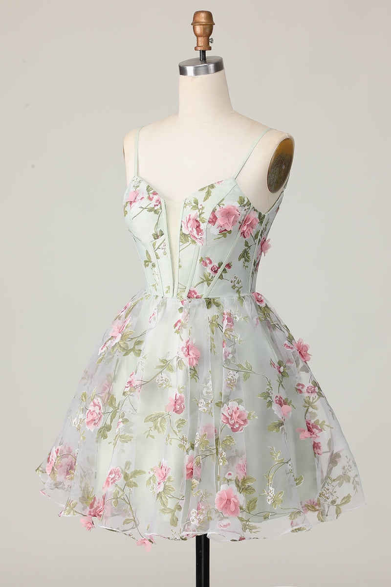 Load image into Gallery viewer, Sage Flower Spaghetti Straps Corset Short Homecoming Dress