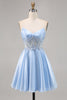 Load image into Gallery viewer, Sparkly Strapless Light Blue Satin Corset Short Homecoming Dress with Lace