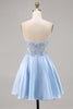 Load image into Gallery viewer, Sparkly Strapless Light Blue Satin Corset Short Homecoming Dress with Lace