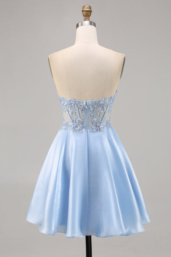 Sparkly Strapless Light Blue Satin Corset Short Homecoming Dress with Lace