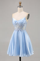 Load image into Gallery viewer, Sparkly Strapless Light Blue Satin Corset Short Homecoming Dress with Lace