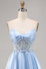 Load image into Gallery viewer, Sparkly Strapless Light Blue Satin Corset Short Homecoming Dress with Lace