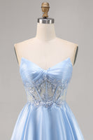 Load image into Gallery viewer, Sparkly Strapless Light Blue Satin Corset Short Homecoming Dress with Lace