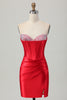 Load image into Gallery viewer, Red Satin Sweetheart Beaded Short Corset Homecoming Dress with Slit
