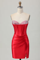 Load image into Gallery viewer, Red Satin Sweetheart Beaded Short Corset Homecoming Dress with Slit