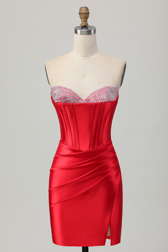 Red Satin Sweetheart Beaded Short Corset Homecoming Dress with Slit