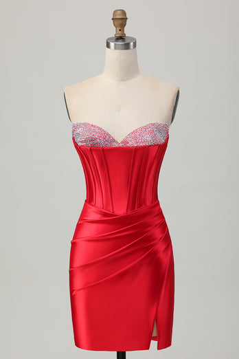 Red Satin Sweetheart Beaded Short Corset Homecoming Dress with Slit