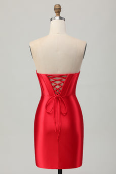 Red Satin Sweetheart Beaded Short Corset Homecoming Dress with Slit