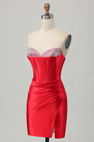 Load image into Gallery viewer, Red Satin Sweetheart Beaded Short Corset Homecoming Dress with Slit