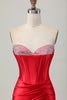 Load image into Gallery viewer, Red Satin Sweetheart Beaded Short Corset Homecoming Dress with Slit