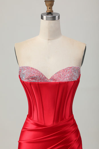Red Satin Sweetheart Beaded Short Corset Homecoming Dress with Slit