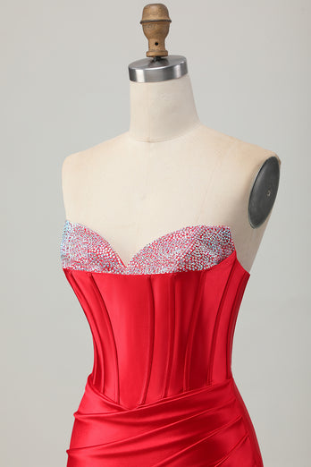 Red Satin Sweetheart Beaded Short Corset Homecoming Dress with Slit