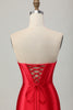 Load image into Gallery viewer, Red Satin Sweetheart Beaded Short Corset Homecoming Dress with Slit