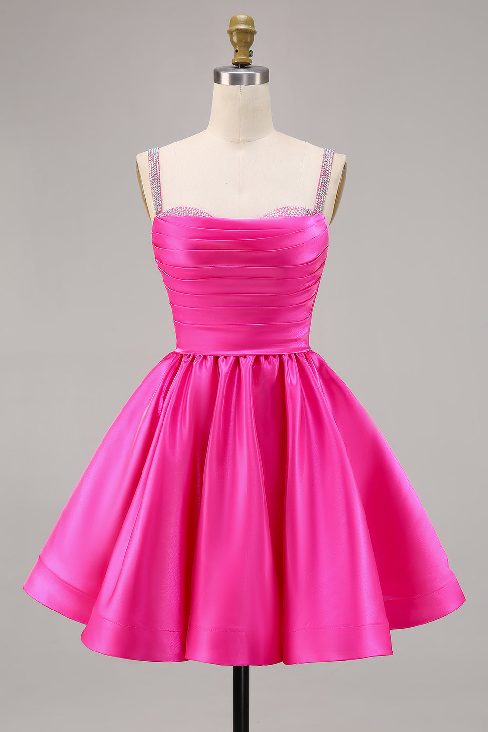 Sparkly Fuchsia Short Ruched Satin Homecoming Dress with Beading