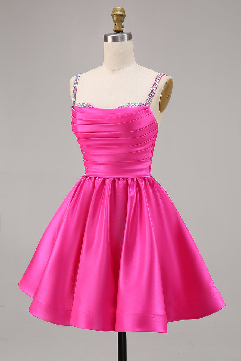 Load image into Gallery viewer, Sparkly Fuchsia Short Ruched Satin Homecoming Dress with Beading