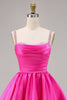 Load image into Gallery viewer, Sparkly Fuchsia Short Ruched Satin Homecoming Dress with Beading
