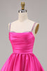 Load image into Gallery viewer, Sparkly Fuchsia Short Ruched Satin Homecoming Dress with Beading