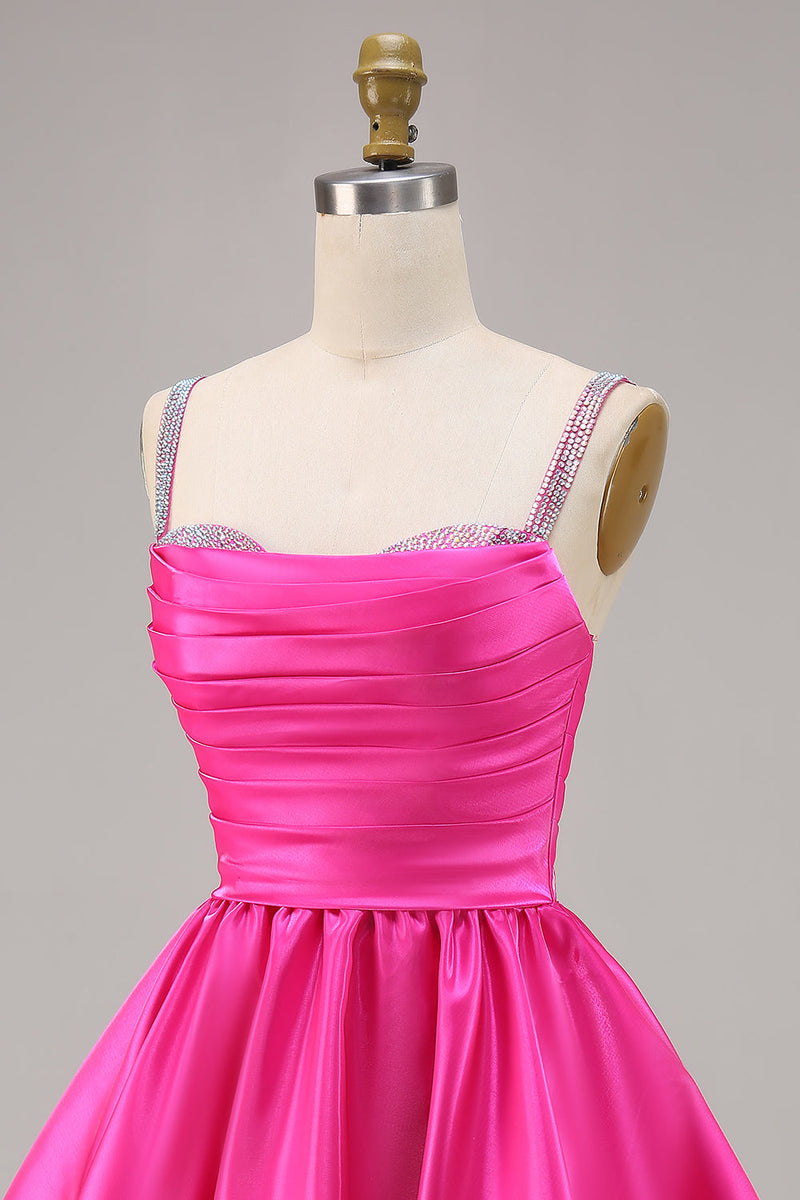 Load image into Gallery viewer, Sparkly Fuchsia Short Ruched Satin Homecoming Dress with Beading