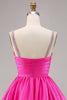 Load image into Gallery viewer, Sparkly Fuchsia Short Ruched Satin Homecoming Dress with Beading