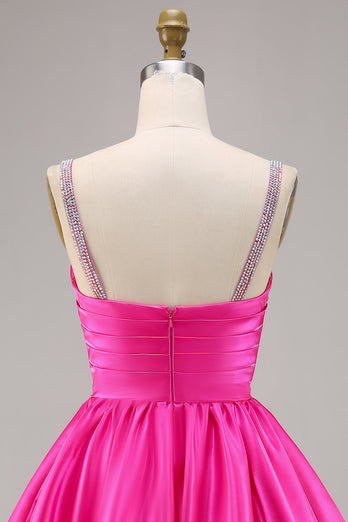 Sparkly Fuchsia Short Ruched Satin Homecoming Dress with Beading