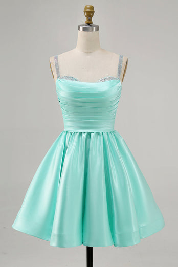 Sparkly Fuchsia Short Ruched Satin Homecoming Dress with Beading