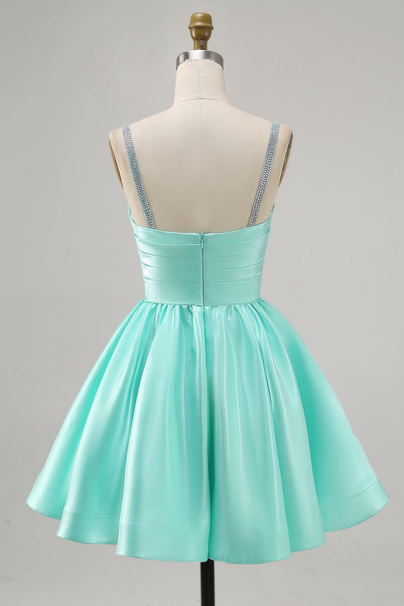 Load image into Gallery viewer, Sparkly Fuchsia Short Ruched Satin Homecoming Dress with Beading