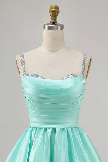 Sparkly Fuchsia Short Ruched Satin Homecoming Dress with Beading