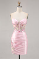Load image into Gallery viewer, Sparkly Candy Pink Floral Strapless Satin Corset Short Homecoming Dress