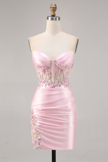 Sparkly Candy Pink Floral Strapless Satin Corset Short Homecoming Dress