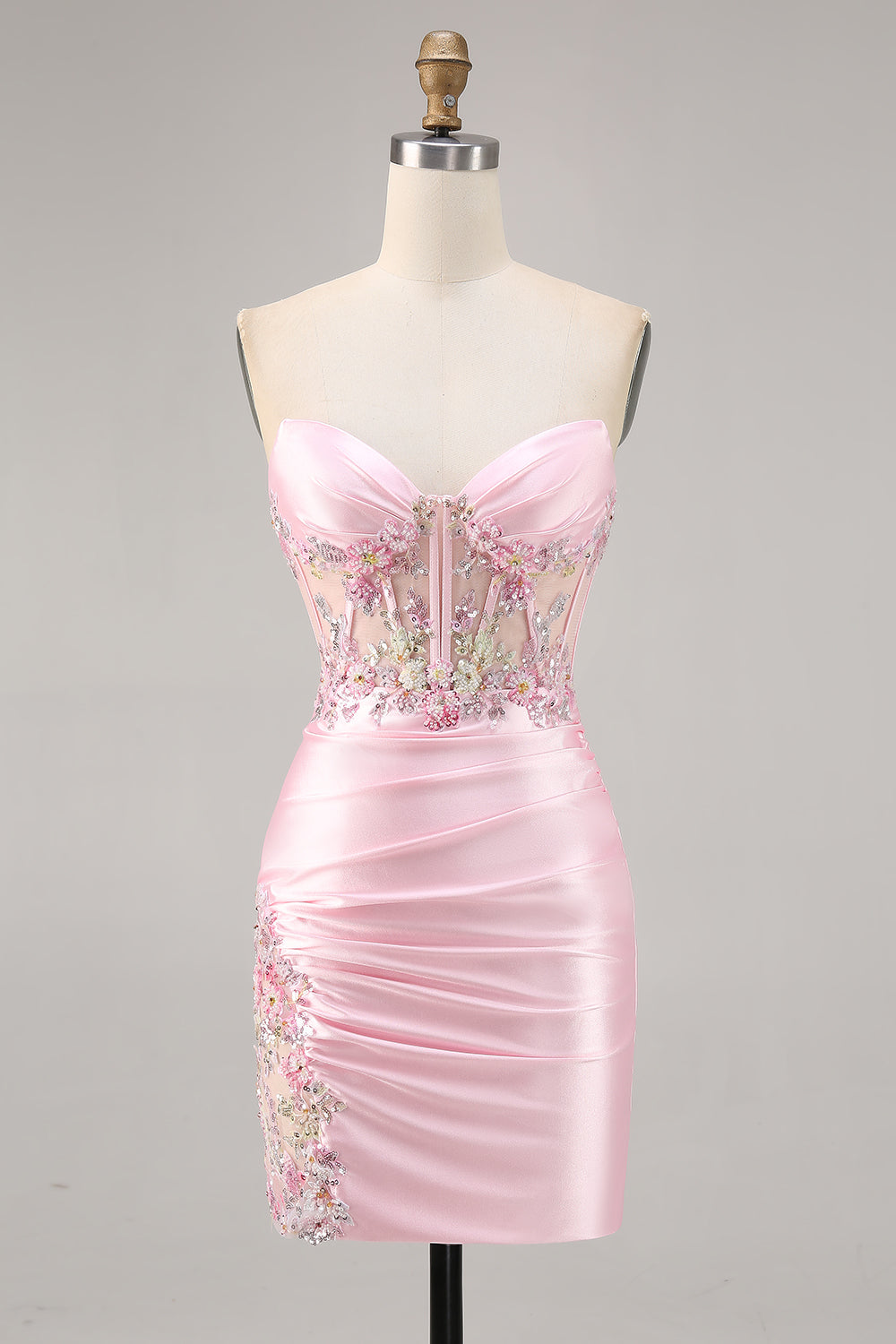 Sparkly Candy Pink Floral Strapless Satin Corset Short Homecoming Dress