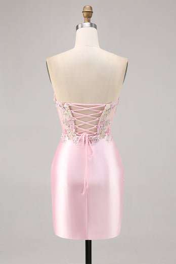 Sparkly Candy Pink Floral Strapless Satin Corset Short Homecoming Dress