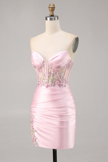 Sparkly Candy Pink Floral Strapless Satin Corset Short Homecoming Dress