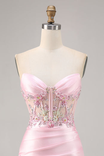 Sparkly Candy Pink Floral Strapless Satin Corset Short Homecoming Dress
