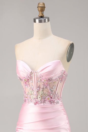 Sparkly Candy Pink Floral Strapless Satin Corset Short Homecoming Dress