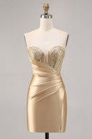 Load image into Gallery viewer, Short Golden Strapless Satin Tight Homecoming Dress