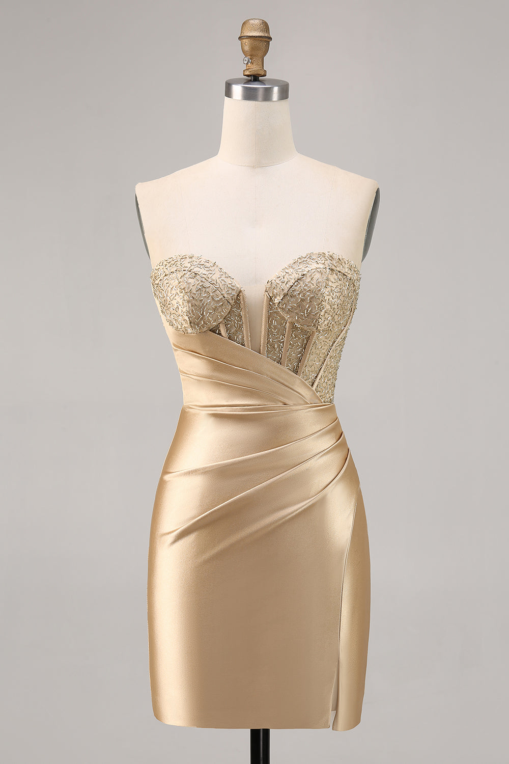 Short Golden Strapless Satin Tight Homecoming Dress