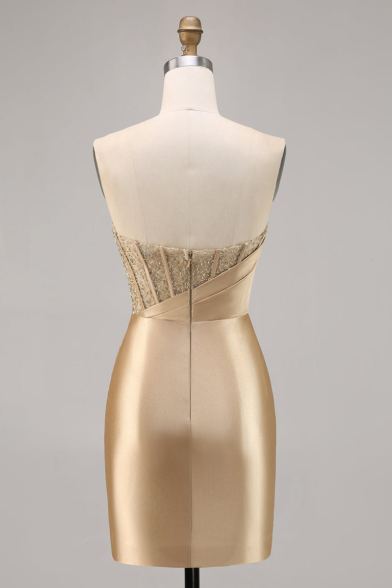 Load image into Gallery viewer, Short Golden Strapless Satin Tight Homecoming Dress
