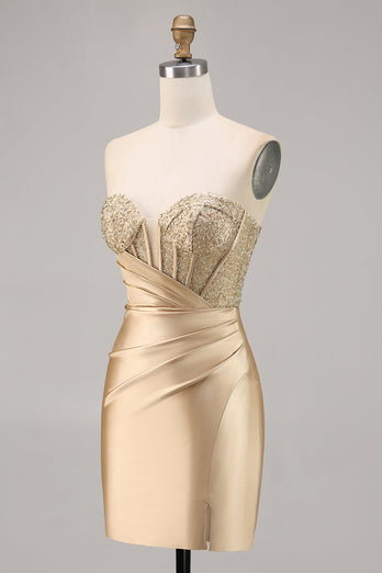 Short Golden Strapless Satin Tight Homecoming Dress