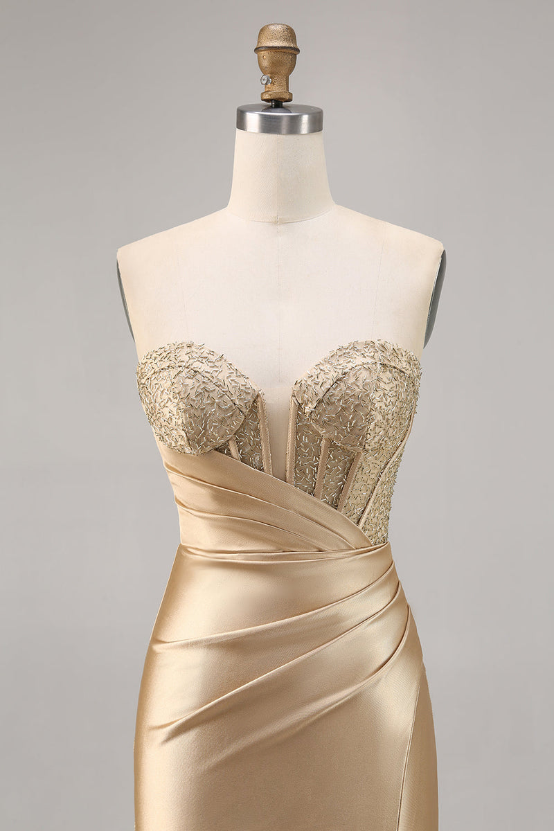 Load image into Gallery viewer, Short Golden Strapless Satin Tight Homecoming Dress