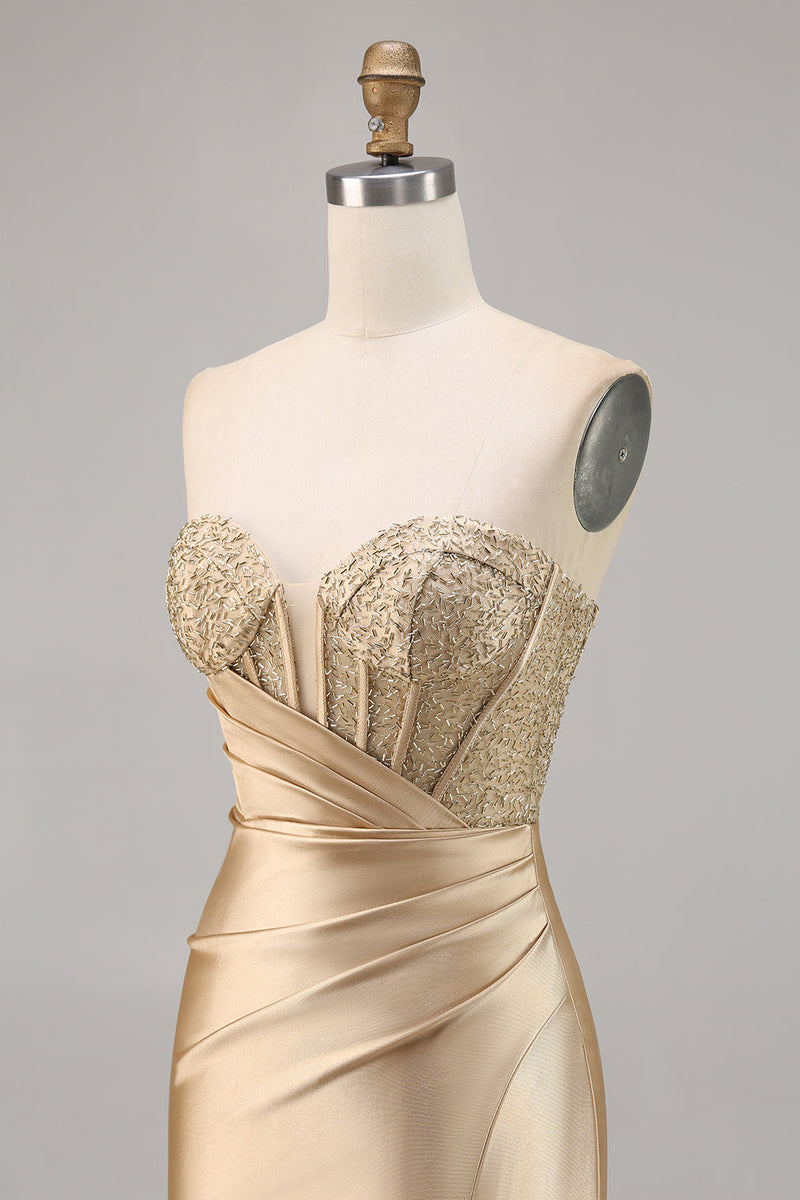 Load image into Gallery viewer, Short Golden Strapless Satin Tight Homecoming Dress