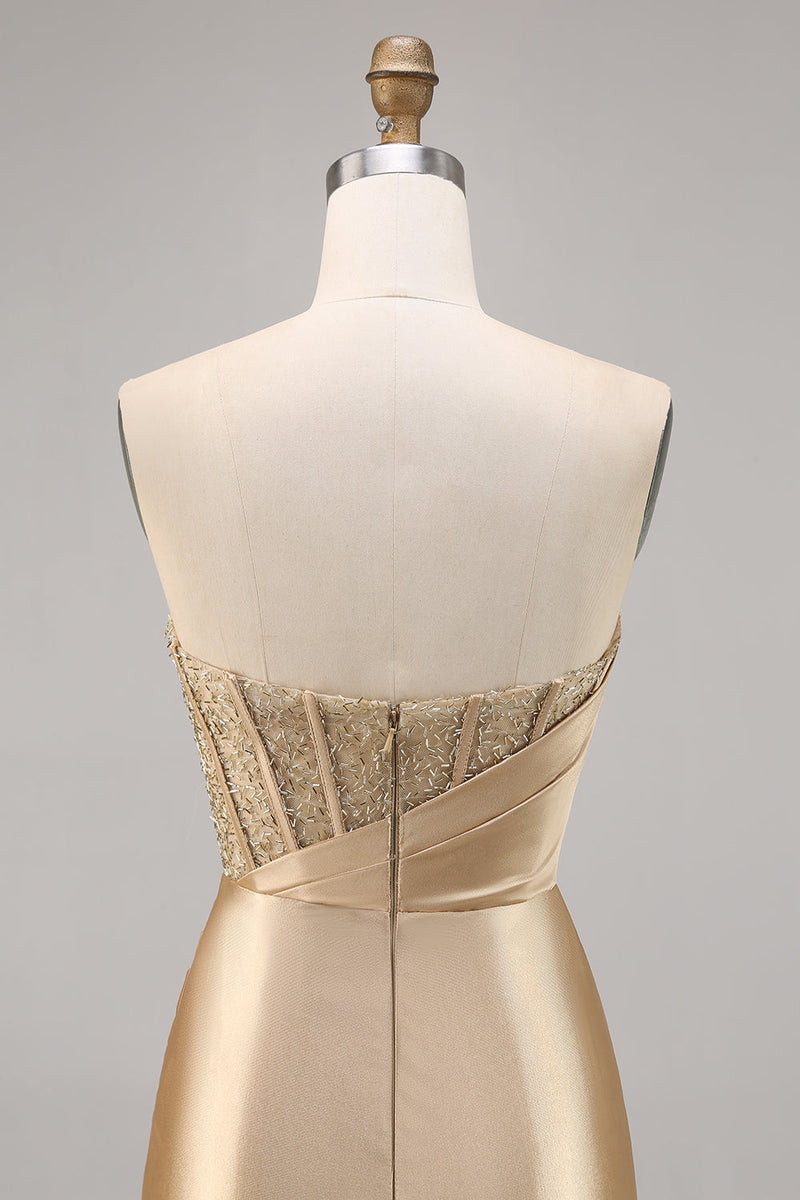 Load image into Gallery viewer, Short Golden Strapless Satin Tight Homecoming Dress