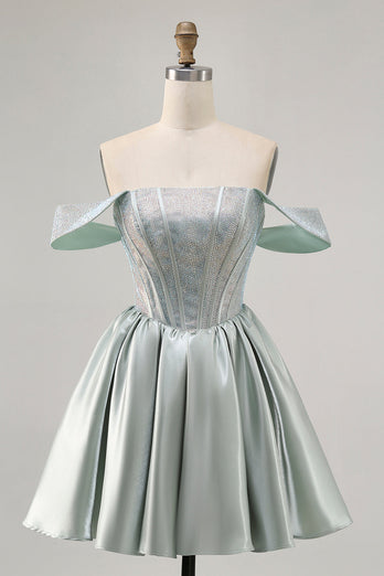 Sparkly Light Green Corset Short Satin Homecoming Dress with Beading