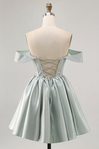 Sparkly Light Green Corset Short Satin Homecoming Dress with Beading