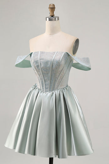 Sparkly Light Green Corset Short Satin Homecoming Dress with Beading